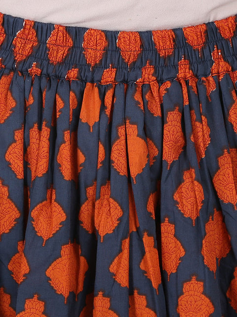 Beige printed 3/4th sleeve cotton kurta with blue printed ankle length flared skirt