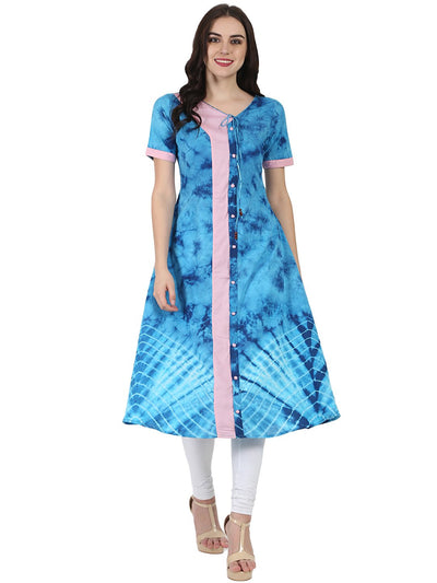 Blue printed half sleeve A-line Rayon kurta with Dori work at yoke