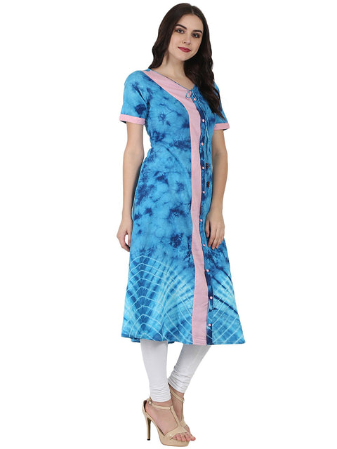 Blue printed half sleeve A-line Rayon kurta with Dori work at yoke