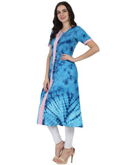 Blue printed half sleeve A-line Rayon kurta with Dori work at yoke