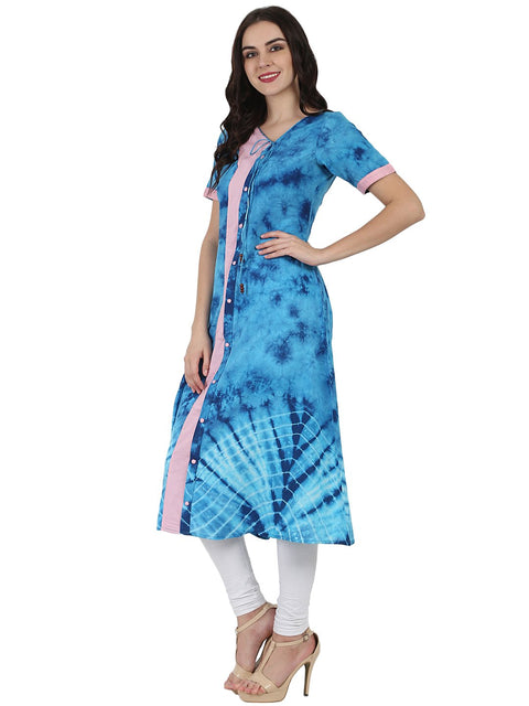 Blue printed half sleeve A-line Rayon kurta with Dori work at yoke