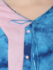 Blue printed half sleeve A-line Rayon kurta with Dori work at yoke