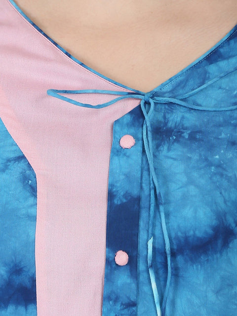 Blue printed half sleeve A-line Rayon kurta with Dori work at yoke