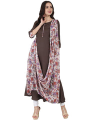 Coffee brown flower printed 3/4th sleeve Drape style cotton Anarkali kurta