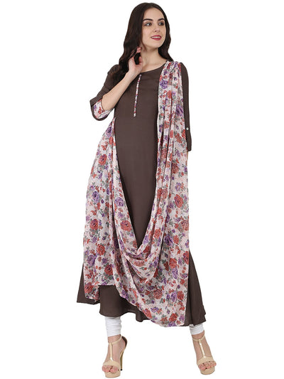 Coffee brown flower printed 3/4th sleeve Drape style cotton Anarkali kurta