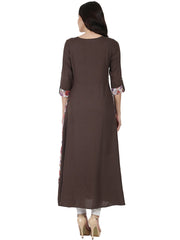 Coffee brown flower printed 3/4th sleeve Drape style cotton Anarkali kurta