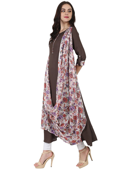 Coffee brown flower printed 3/4th sleeve Drape style cotton Anarkali kurta