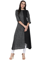 Black printed 3/4th sleeve cotton A-line kurta