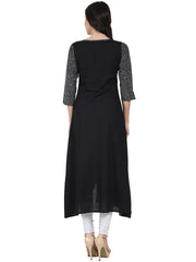 Black printed 3/4th sleeve cotton A-line kurta