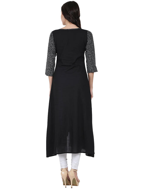 Black printed 3/4th sleeve cotton A-line kurta