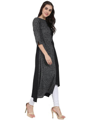 Black printed 3/4th sleeve cotton A-line kurta