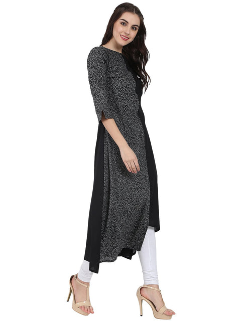 Black printed 3/4th sleeve cotton A-line kurta