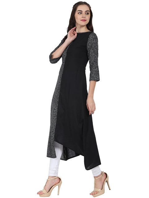 Black printed 3/4th sleeve cotton A-line kurta