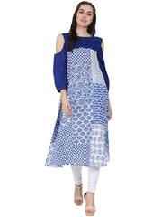 Blue printed 3/4th sleeve cold shoulder A-line kurta