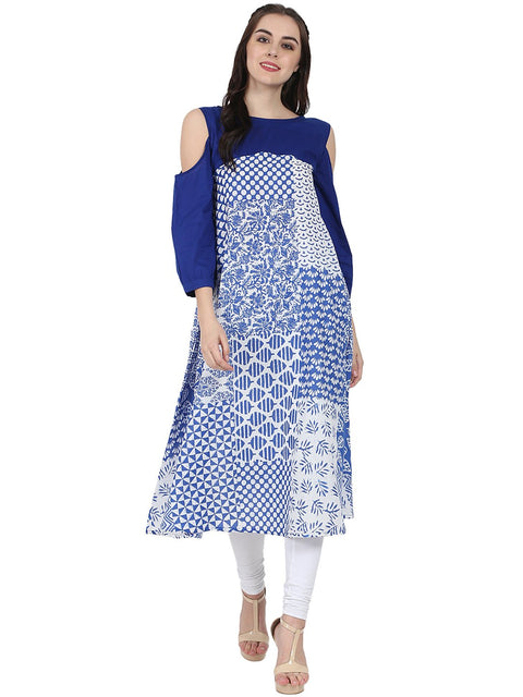 Blue printed 3/4th sleeve cold shoulder A-line kurta