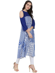 Blue printed 3/4th sleeve cold shoulder A-line kurta