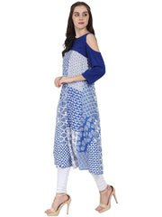 Blue printed 3/4th sleeve cold shoulder A-line kurta