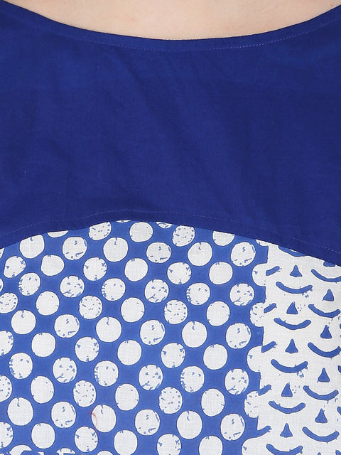 Blue printed 3/4th sleeve cold shoulder A-line kurta