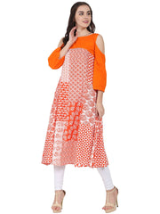 Orange printed 3/4th sleeve cold shoulder A-line kurta