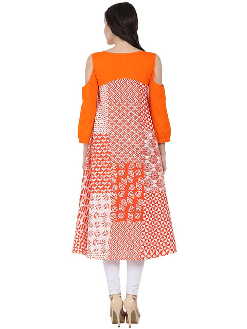 Orange printed 3/4th sleeve cold shoulder A-line kurta