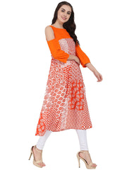 Orange printed 3/4th sleeve cold shoulder A-line kurta