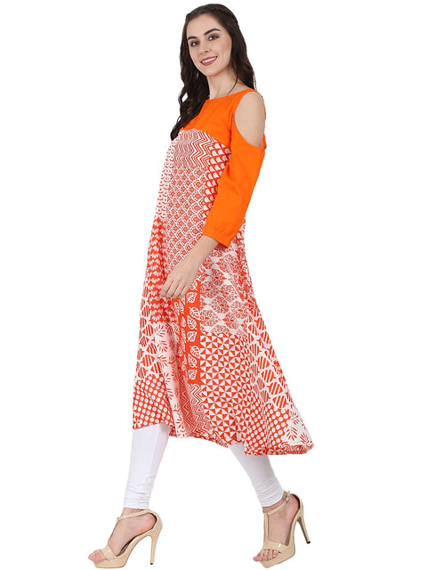 Orange printed 3/4th sleeve cold shoulder A-line kurta