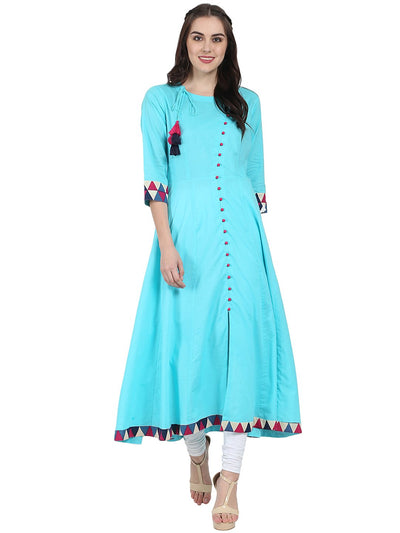 Blue 3/4th sleeve cotton A-line kurta with latkan work at yoke