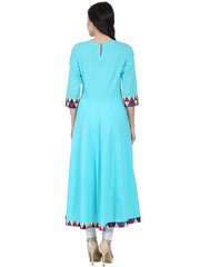 Blue 3/4th sleeve cotton A-line kurta with latkan work at yoke