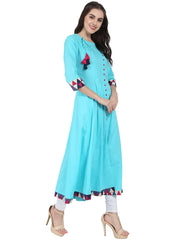 Blue 3/4th sleeve cotton A-line kurta with latkan work at yoke