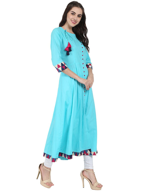 Blue 3/4th sleeve cotton A-line kurta with latkan work at yoke