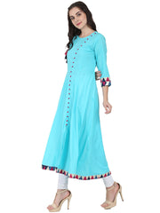 Blue 3/4th sleeve cotton A-line kurta with latkan work at yoke