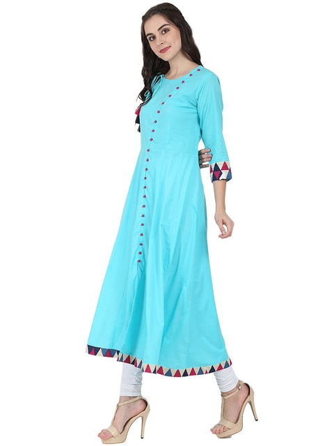 Blue 3/4th sleeve cotton A-line kurta with latkan work at yoke