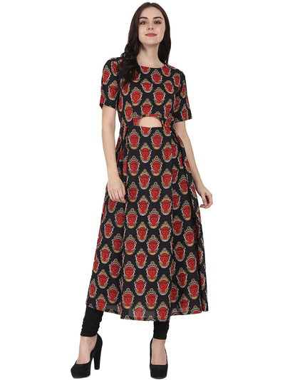 Black printed half sleeve cotton Anarkali kurta