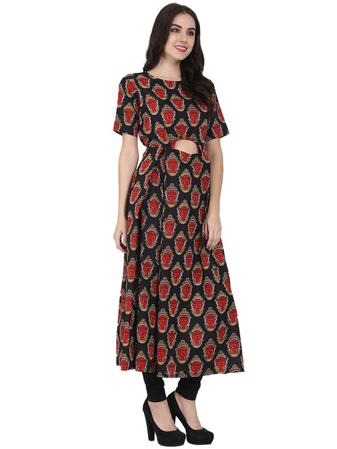 Black printed half sleeve cotton Anarkali kurta