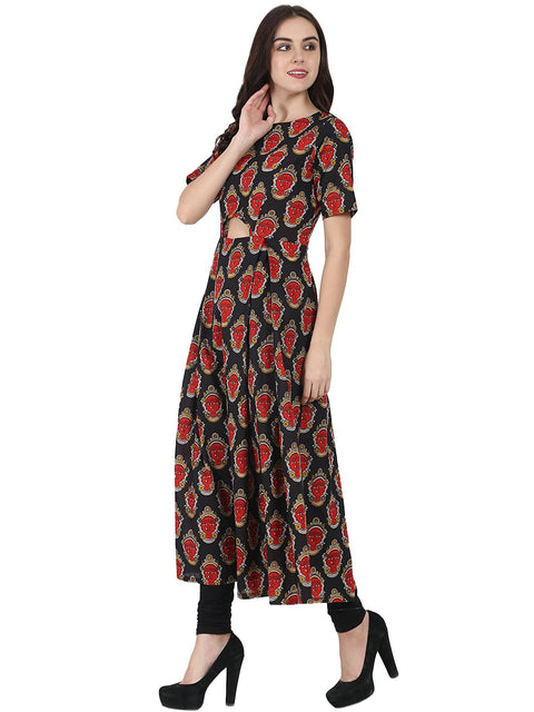 Black printed half sleeve cotton Anarkali kurta