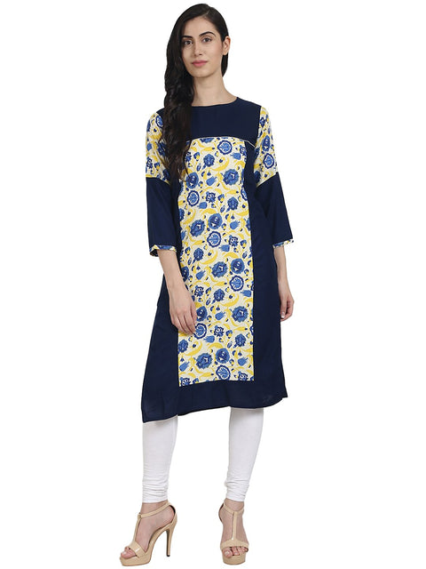 Nayo Blue printed 3/4th sleeve cotton kurta