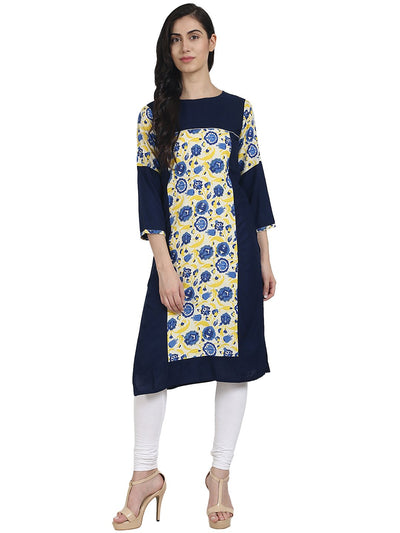 Nayo Women Blue printed 3/4th sleeve cotton kurta