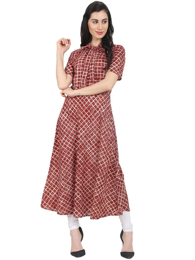 Nayo Red Check printed half sleeve Cotton A-line kurta