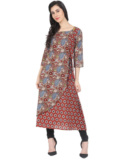 Nayo Red printed 3/4th sleeve Cotton layered kurta