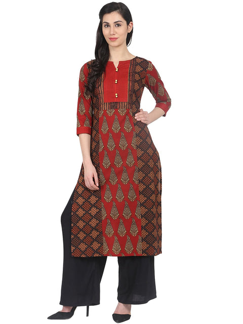 Nayo Red printed 3/4th sleeve cotton straight kurta