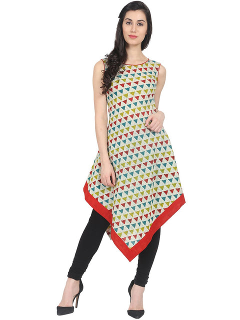 Nayo Off white printed sleeveless cotton asymmetric kurta