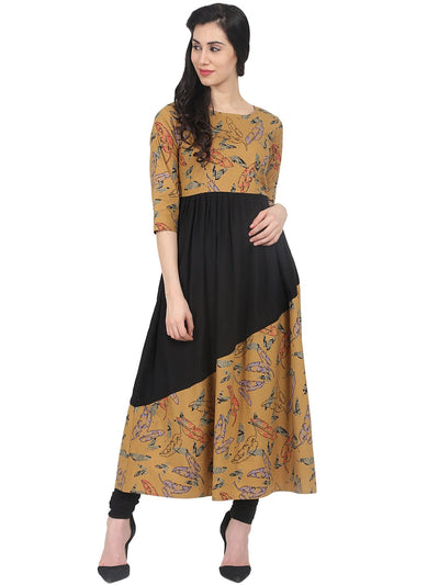 Nayo Mustard and black printed 3/4th sleeve cotton Anarkali kurta
