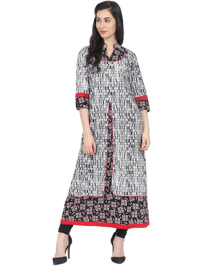 Nayo Black printed 3/4th sleeve Cotton front layered kurta
