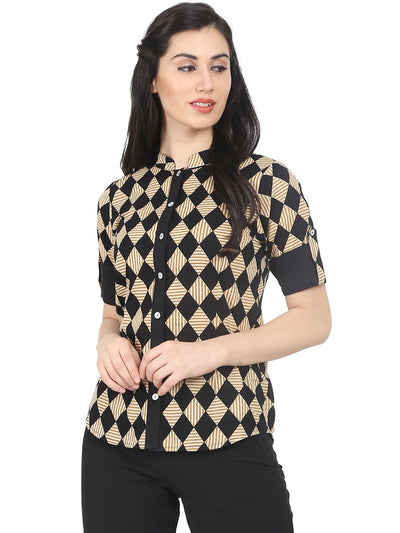 Women Black & Beige Slim Fit Checked Casual Shirt