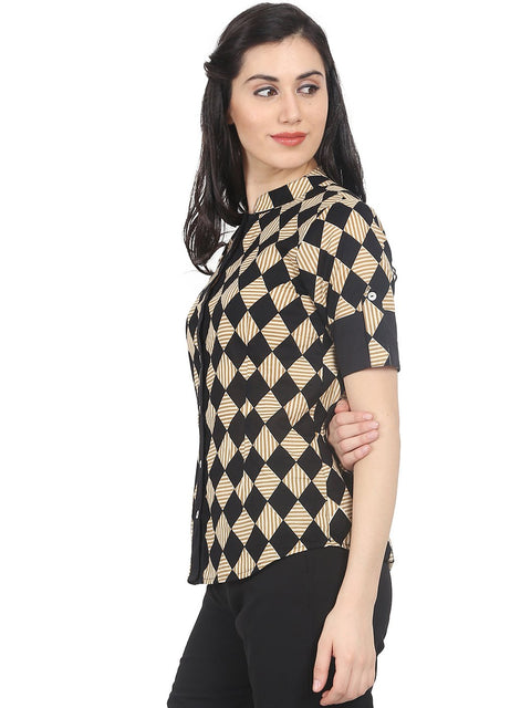 Women Black & Beige Slim Fit Checked Casual Shirt