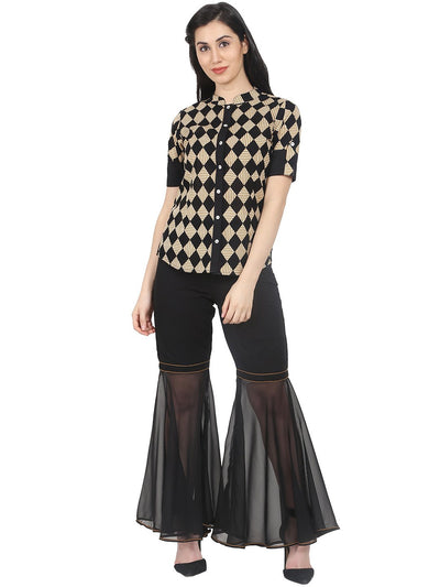 Nayo Black printed half sleeve cotton shirt with black georgette sharara