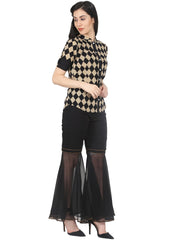 Nayo Black printed half sleeve cotton shirt with black georgette sharara
