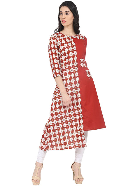 Nayo Red check printed 3/4th sleeve cotton kurta