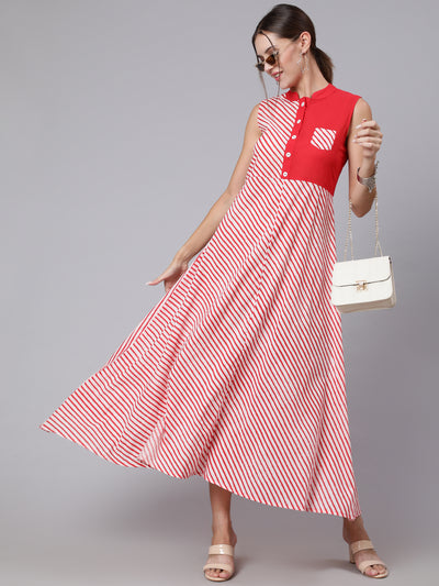 Women Red Stripe Printed Flared Sleeveless Dress