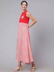 Women Red Stripe Printed Flared Sleeveless Dress